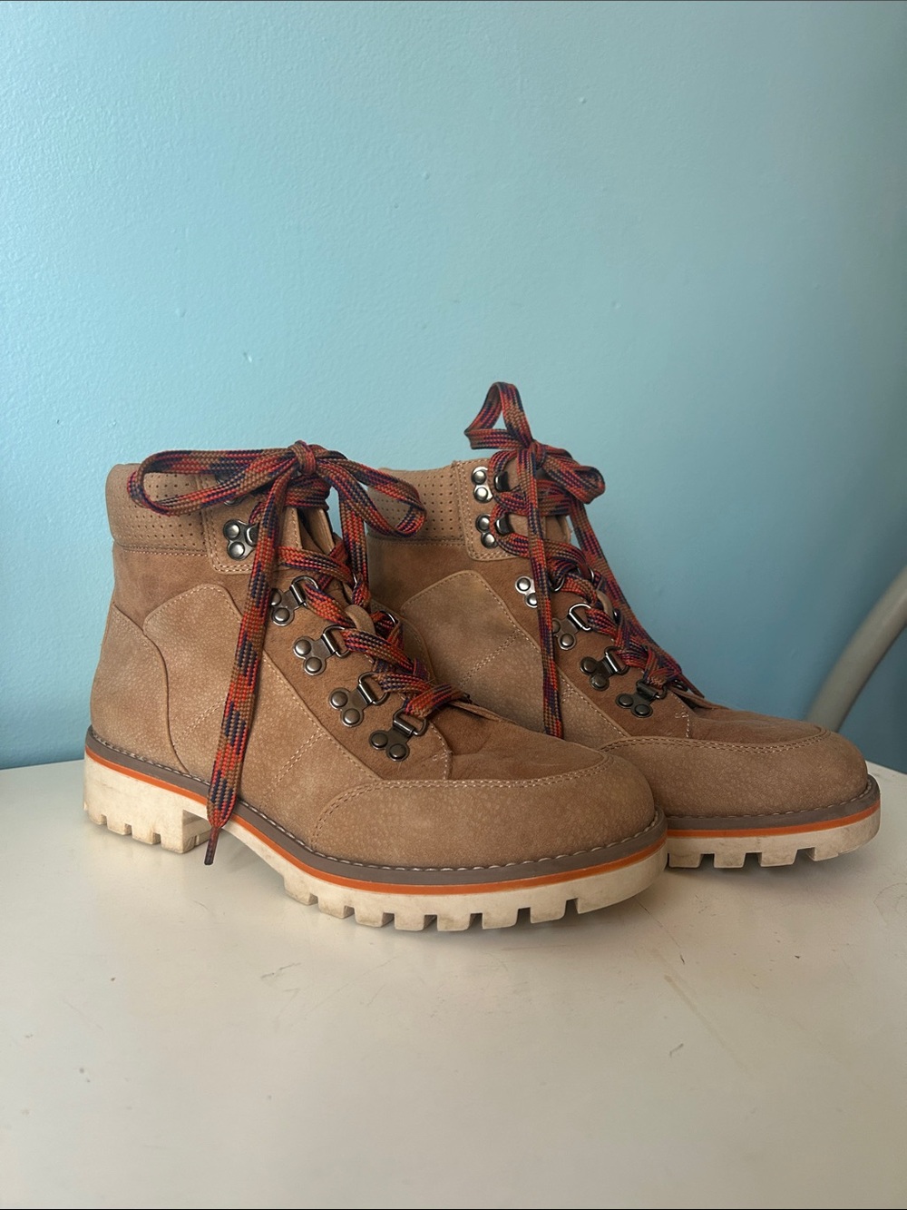 Crown Vintage Women’s Tan Suede Lace-Up Hiking Boots with Orange Accents